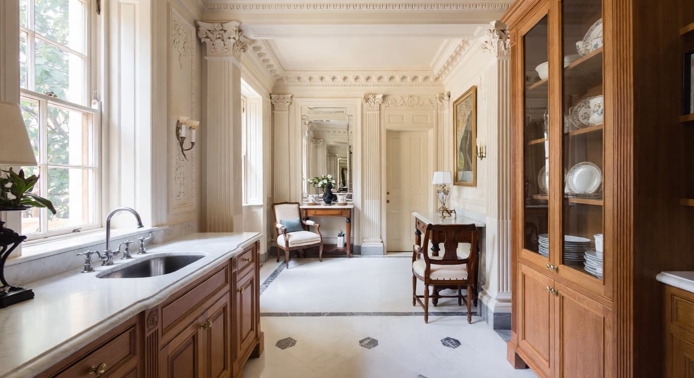 Neoclassical butler's pantry interior design - featuring neoclassical style furniture, decor, colors, and layout ideas for your butler's pantry