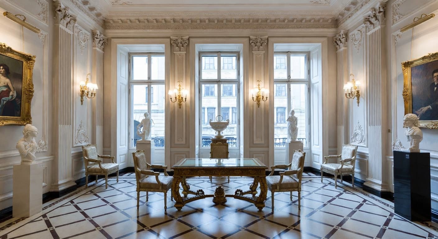 Neoclassical gallery / art display interior design - featuring neoclassical style furniture, decor, colors, and layout ideas for your gallery / art display
