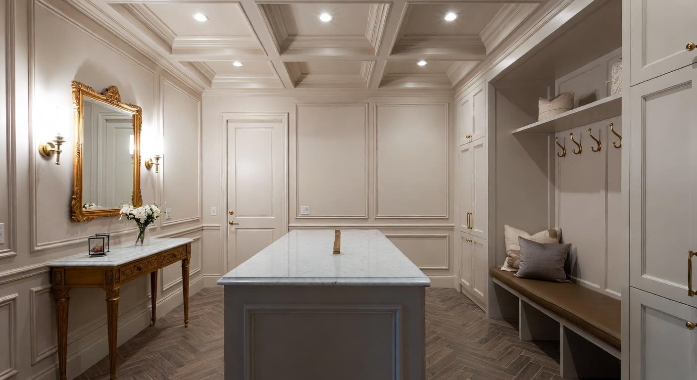 Neoclassical mudroom interior design - featuring neoclassical style furniture, decor, colors, and layout ideas for your mudroom