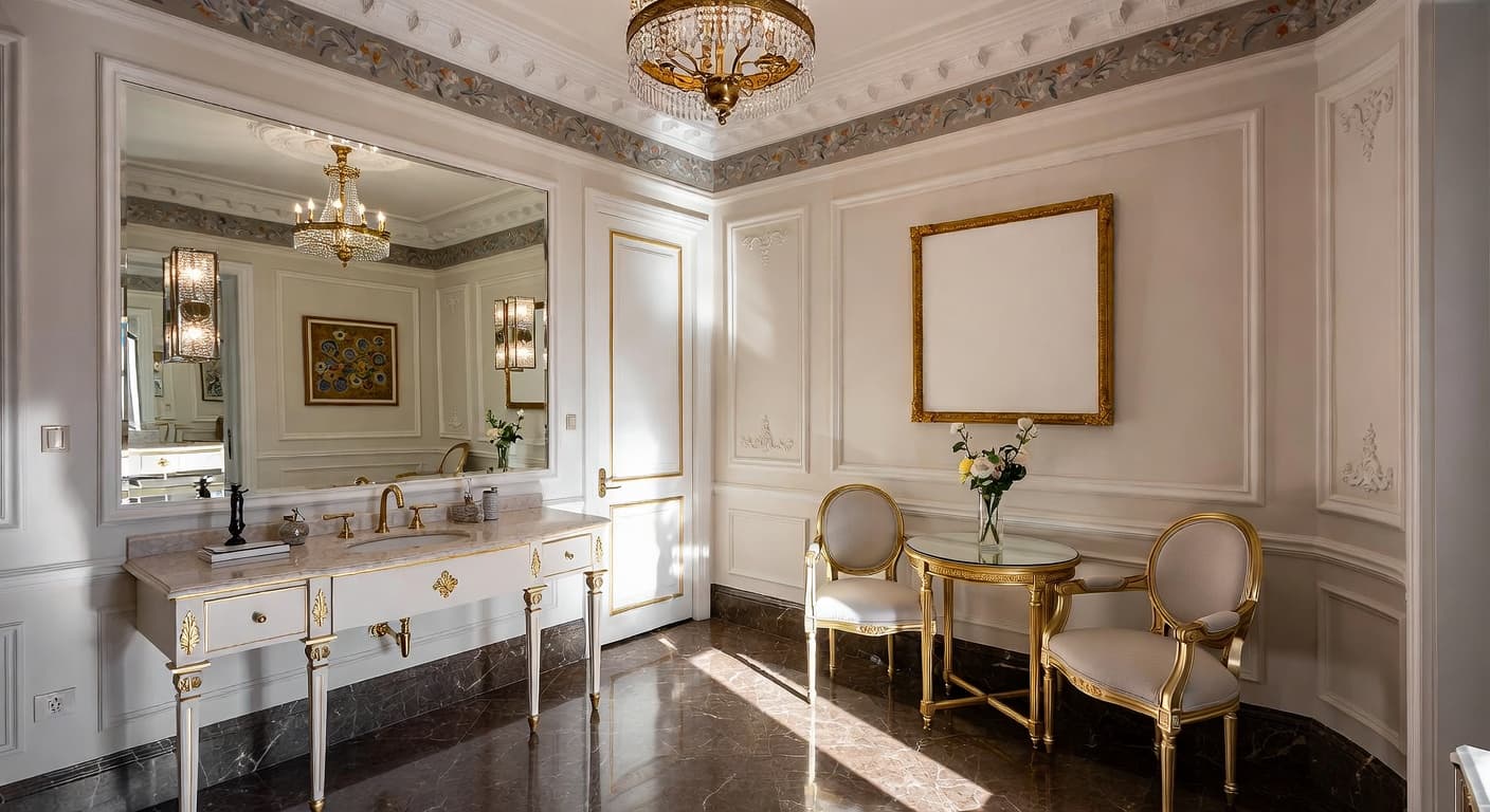 Neoclassical powder room interior design - featuring neoclassical style furniture, decor, colors, and layout ideas for your powder room