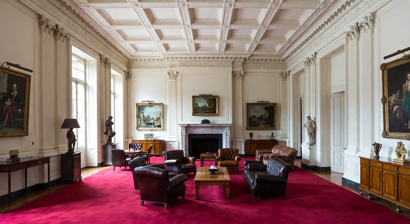 Neoclassical smoking room / cigar lounge interior design - featuring neoclassical style furniture, decor, colors, and layout ideas for your smoking room / cigar lounge