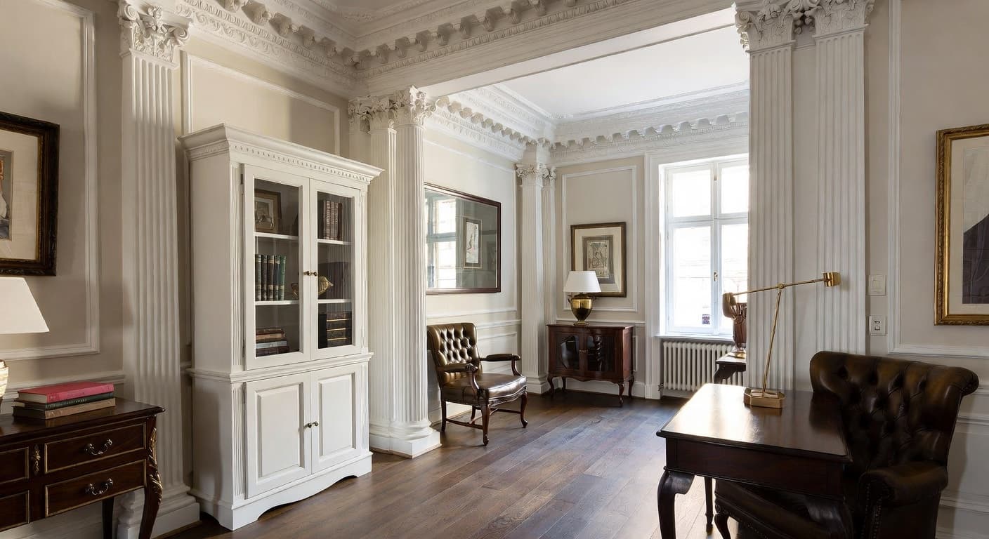 Neoclassical storage room interior design - featuring neoclassical style furniture, decor, colors, and layout ideas for your storage room