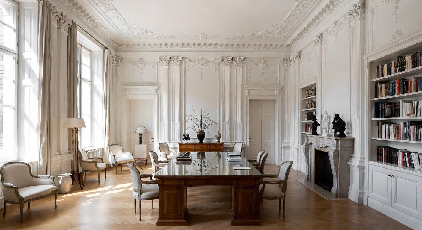 Neoclassical workshop interior design - featuring neoclassical style furniture, decor, colors, and layout ideas for your workshop