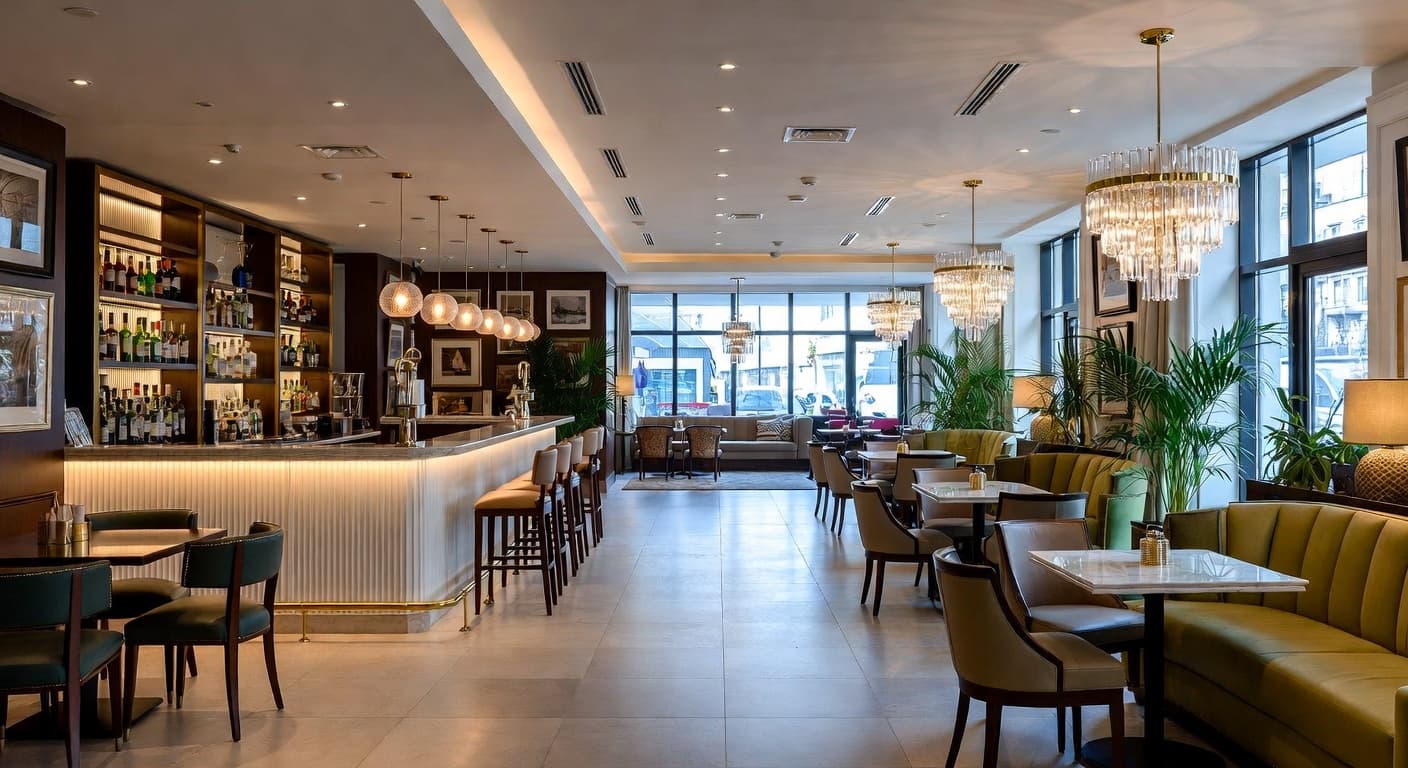 New Deco bar room interior design - featuring new deco style furniture, decor, colors, and layout ideas for your bar room