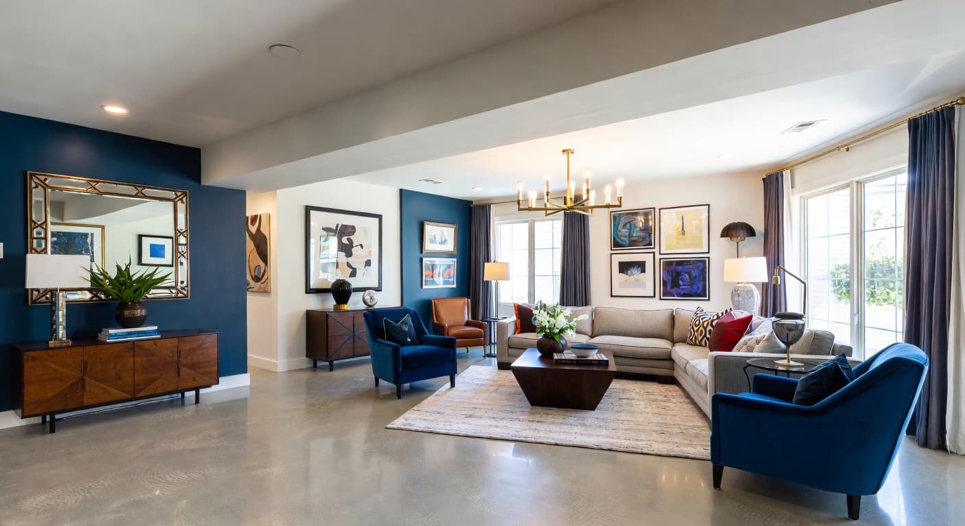 New Deco basement interior design - featuring new deco style furniture, decor, colors, and layout ideas for your basement