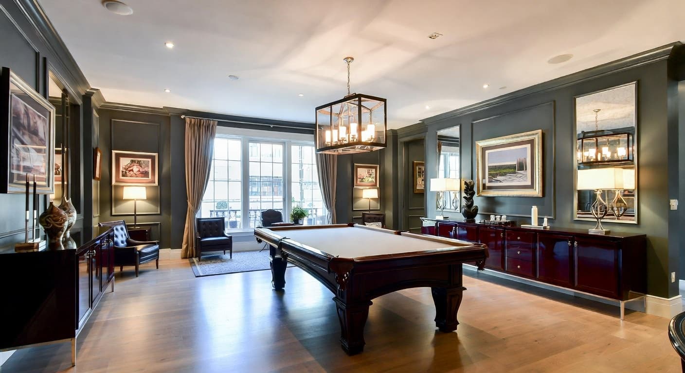 New Deco billiards room interior design - featuring new deco style furniture, decor, colors, and layout ideas for your billiards room