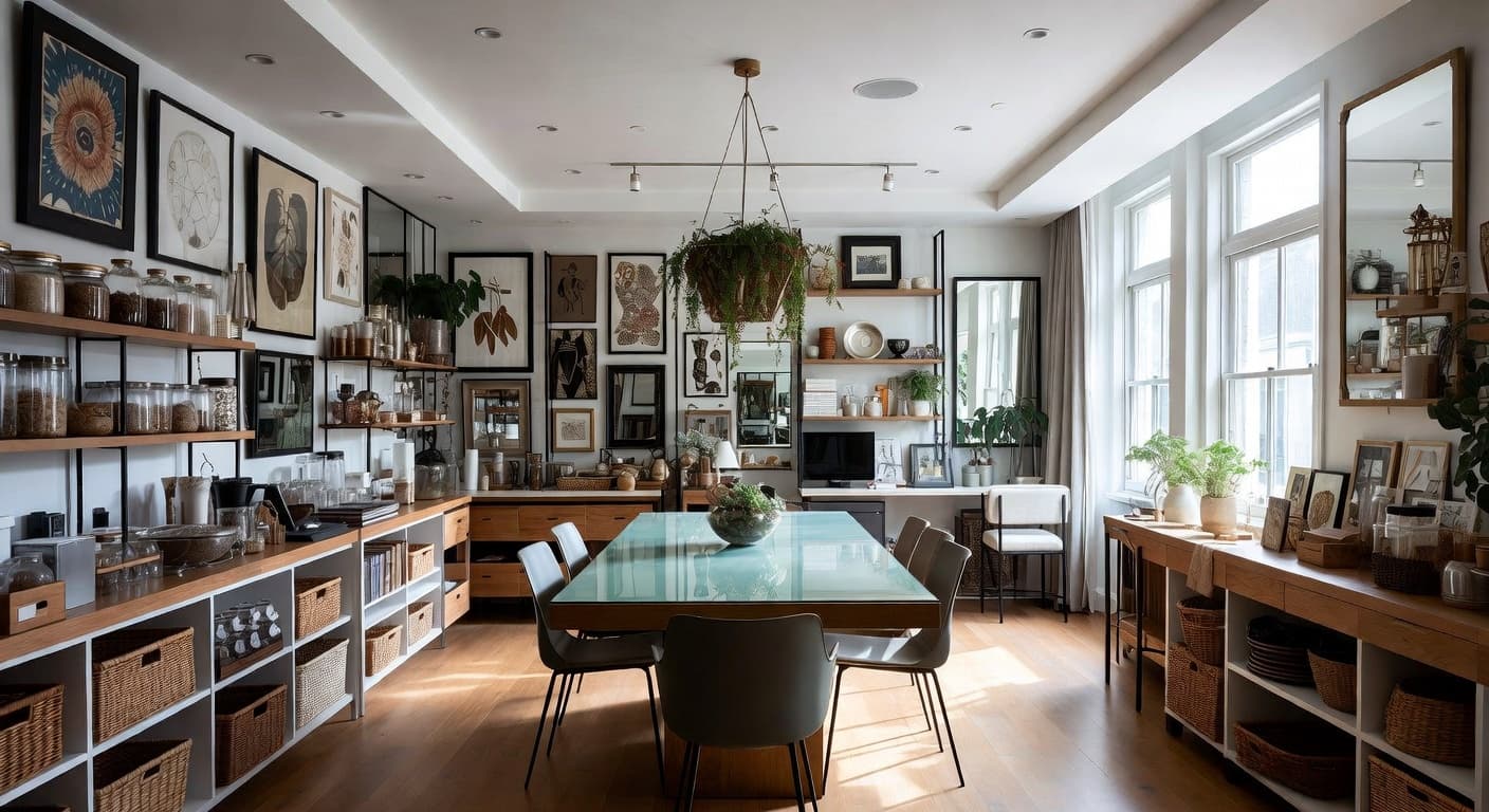 New Deco craft room / studio interior design - featuring new deco style furniture, decor, colors, and layout ideas for your craft room / studio