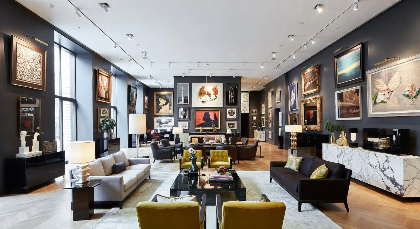 New Deco gallery / art display interior design - featuring new deco style furniture, decor, colors, and layout ideas for your gallery / art display