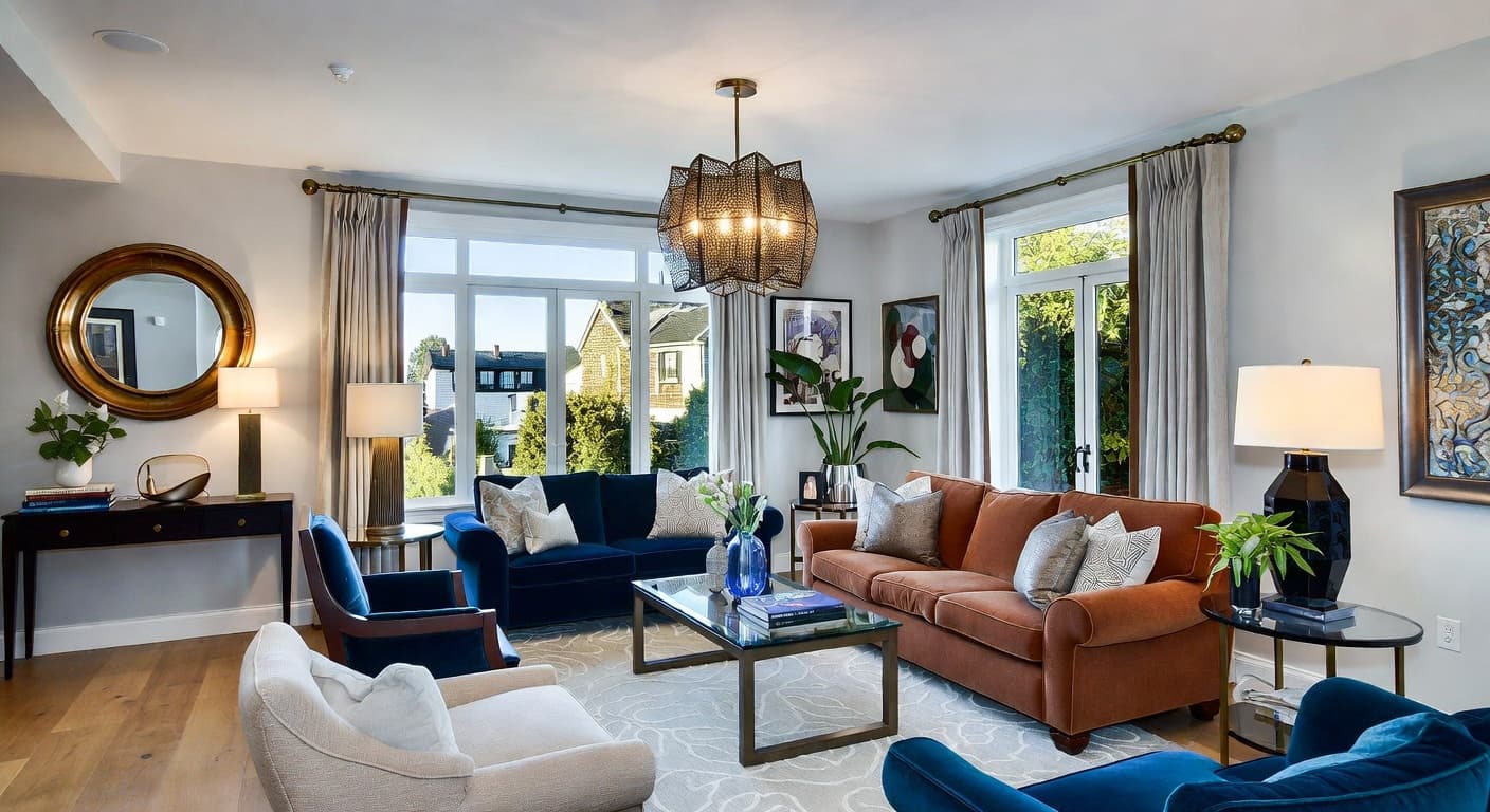 New Deco multi-purpose room interior design - featuring new deco style furniture, decor, colors, and layout ideas for your multi-purpose room