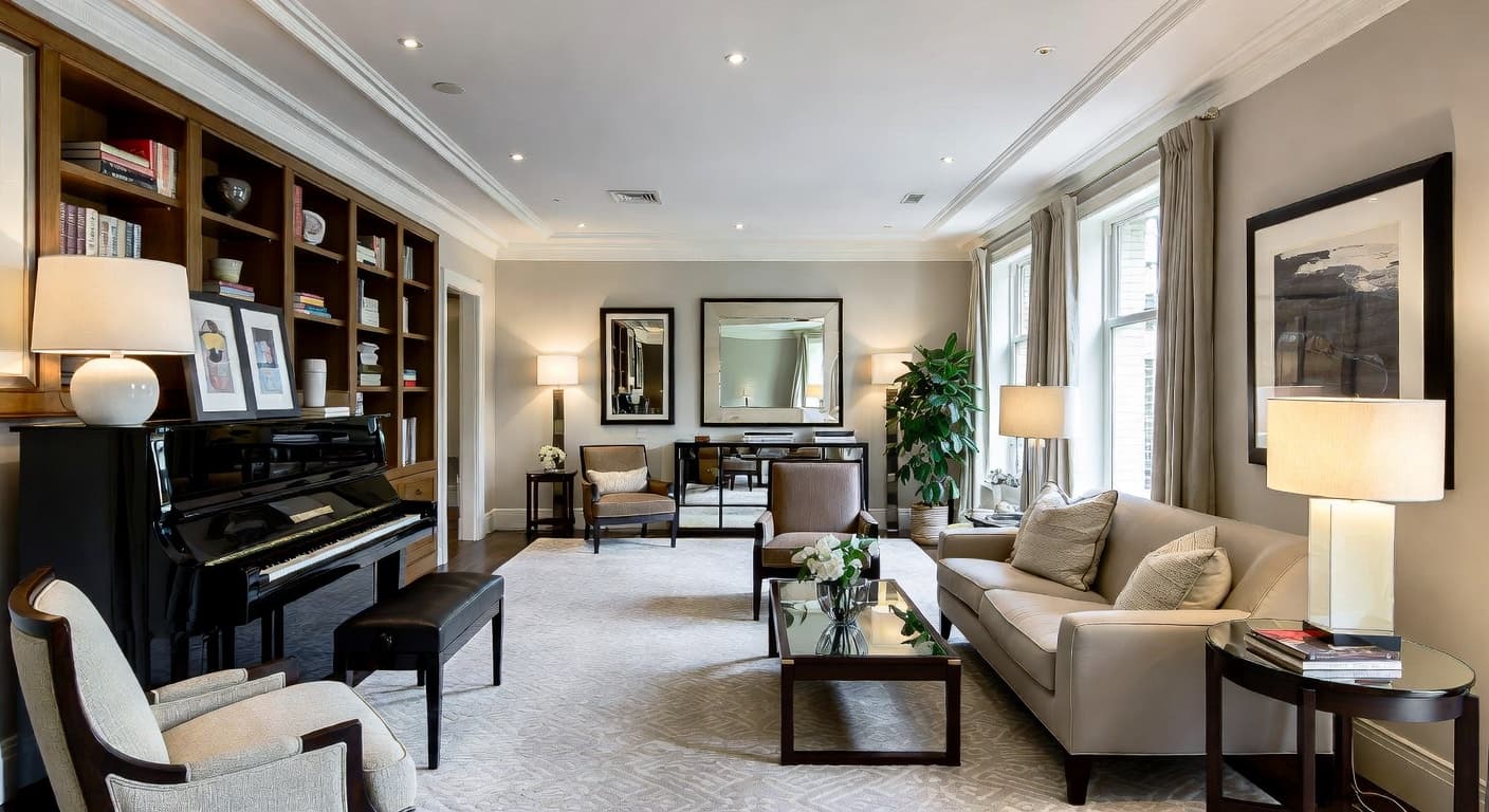 New Deco music room interior design - featuring new deco style furniture, decor, colors, and layout ideas for your music room