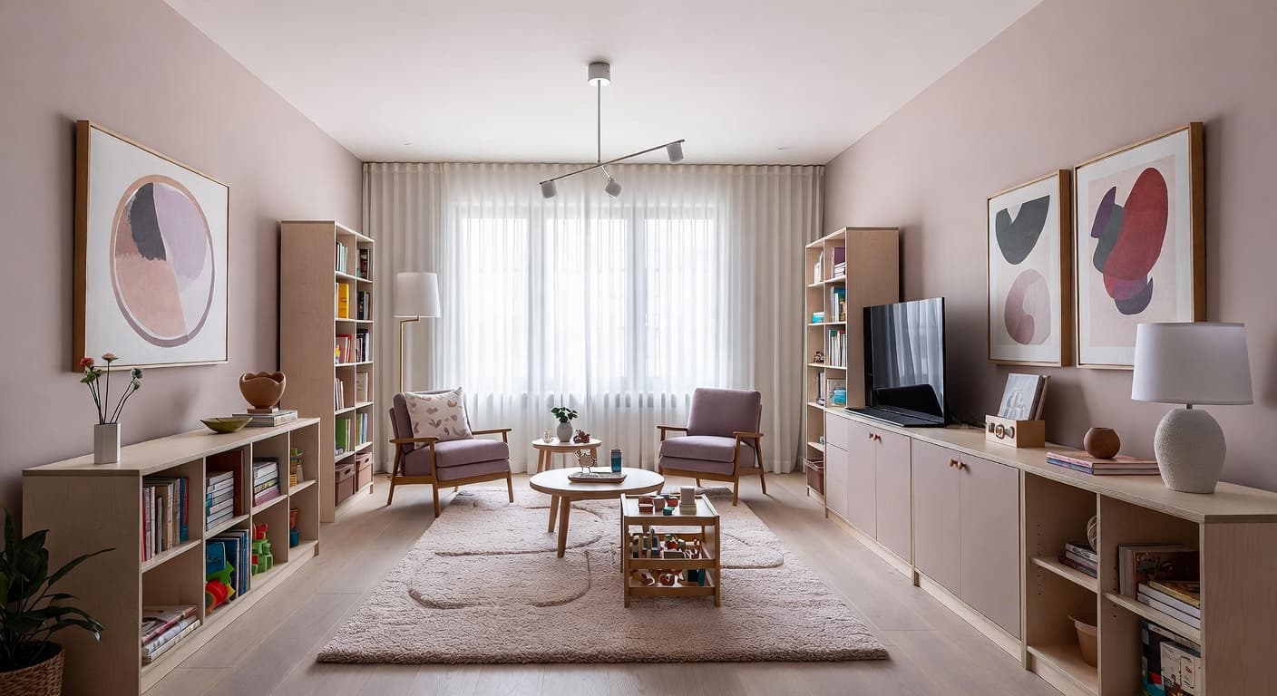 New Deco playroom interior design - featuring new deco style furniture, decor, colors, and layout ideas for your playroom