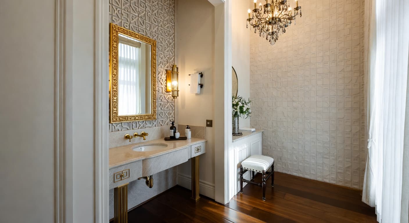 New Deco powder room interior design - featuring new deco style furniture, decor, colors, and layout ideas for your powder room