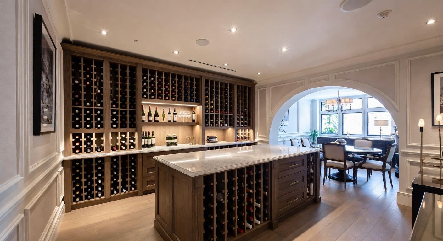 New Deco wine cellar interior design - featuring new deco style furniture, decor, colors, and layout ideas for your wine cellar