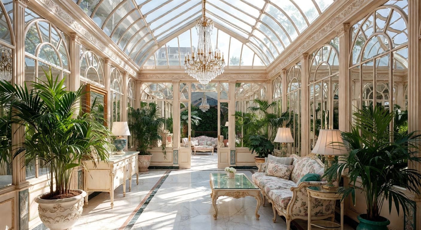 New Traditional greenhouse interior design - featuring new traditional style furniture, decor, colors, and layout ideas for your greenhouse