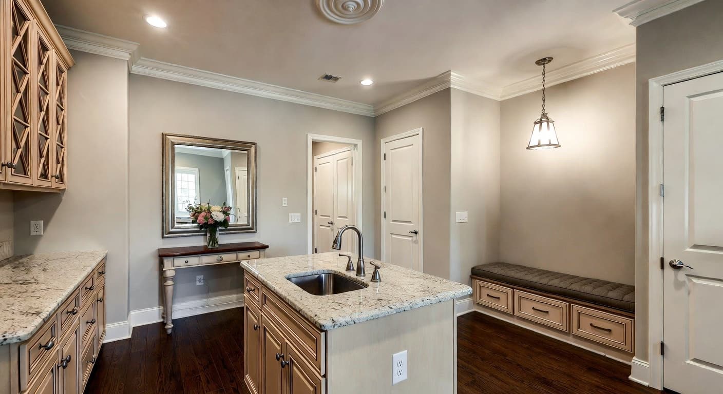 New Traditional mudroom interior design - featuring new traditional style furniture, decor, colors, and layout ideas for your mudroom