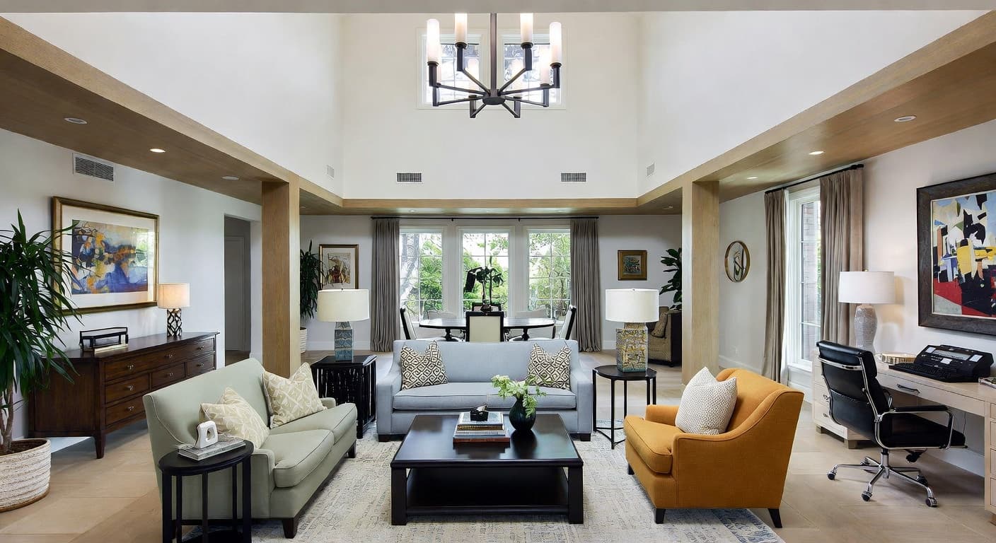 New Traditional multi-purpose room interior design - featuring new traditional style furniture, decor, colors, and layout ideas for your multi-purpose room