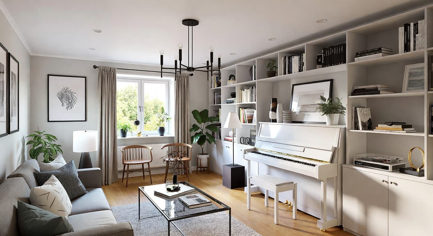 Nordic music room interior design - featuring nordic style furniture, decor, colors, and layout ideas for your music room