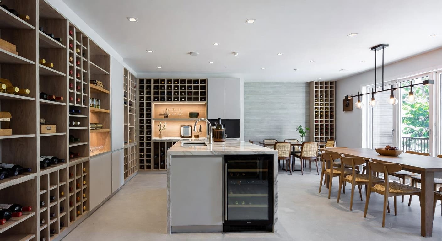 Nordic wine cellar interior design - featuring nordic style furniture, decor, colors, and layout ideas for your wine cellar