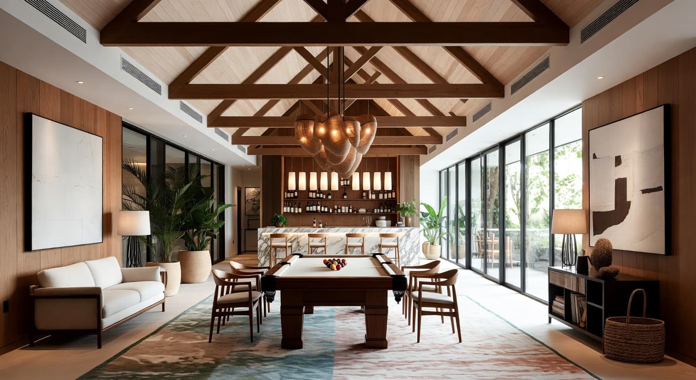 Organic Modern billiards room interior design - featuring organic modern style furniture, decor, colors, and layout ideas for your billiards room