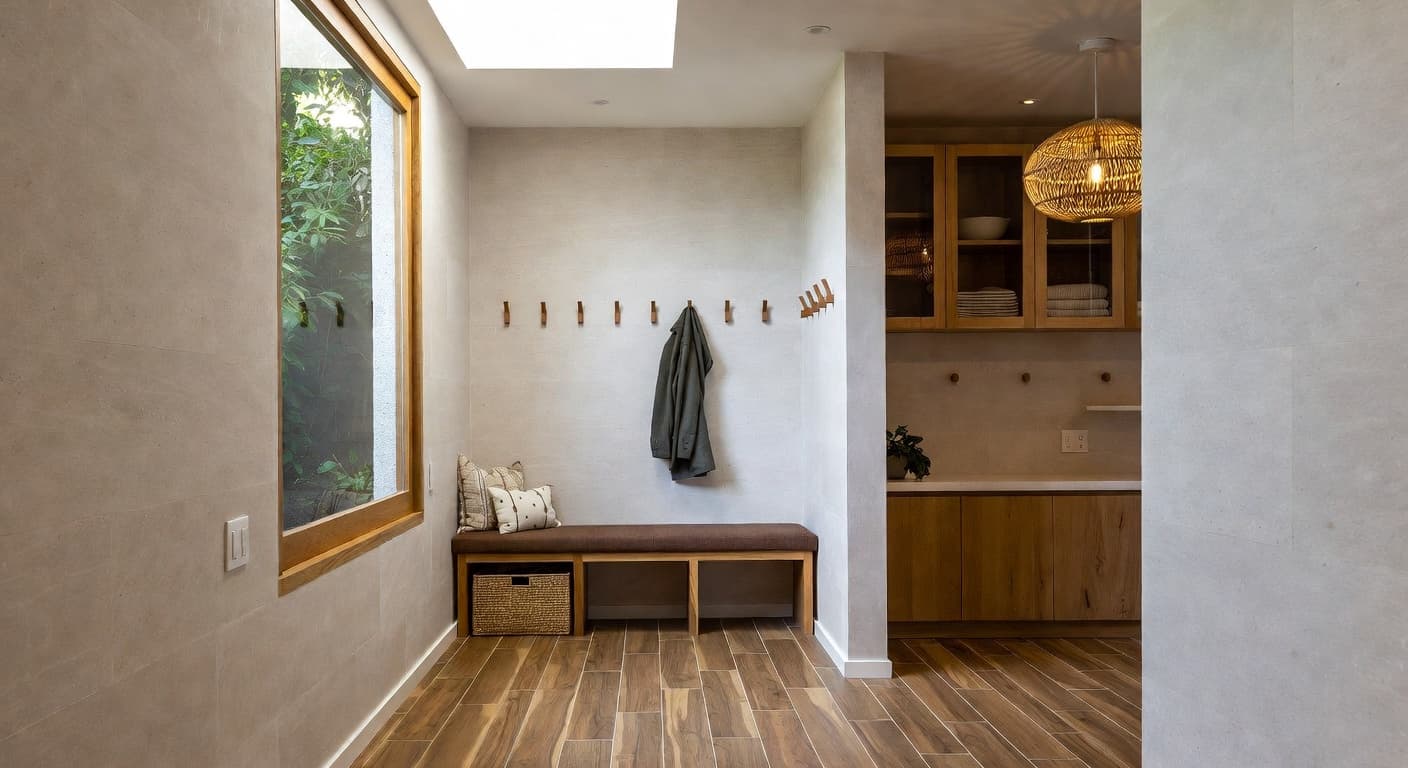 Organic Modern mudroom interior design - featuring organic modern style furniture, decor, colors, and layout ideas for your mudroom