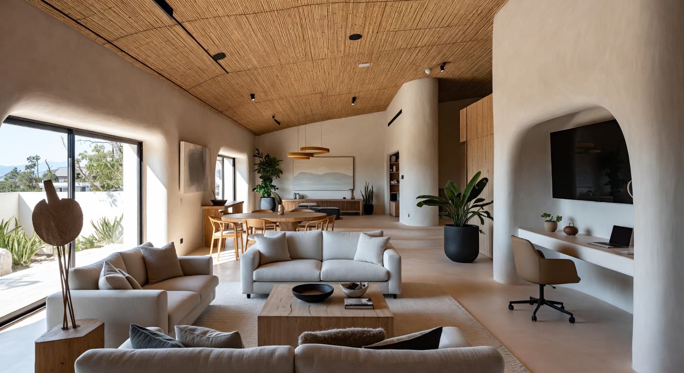 Organic Modern multi-purpose room interior design - featuring organic modern style furniture, decor, colors, and layout ideas for your multi-purpose room