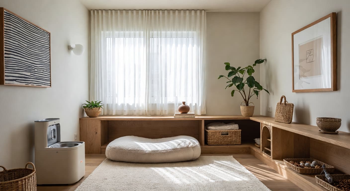 Organic Modern pet room interior design - featuring organic modern style furniture, decor, colors, and layout ideas for your pet room