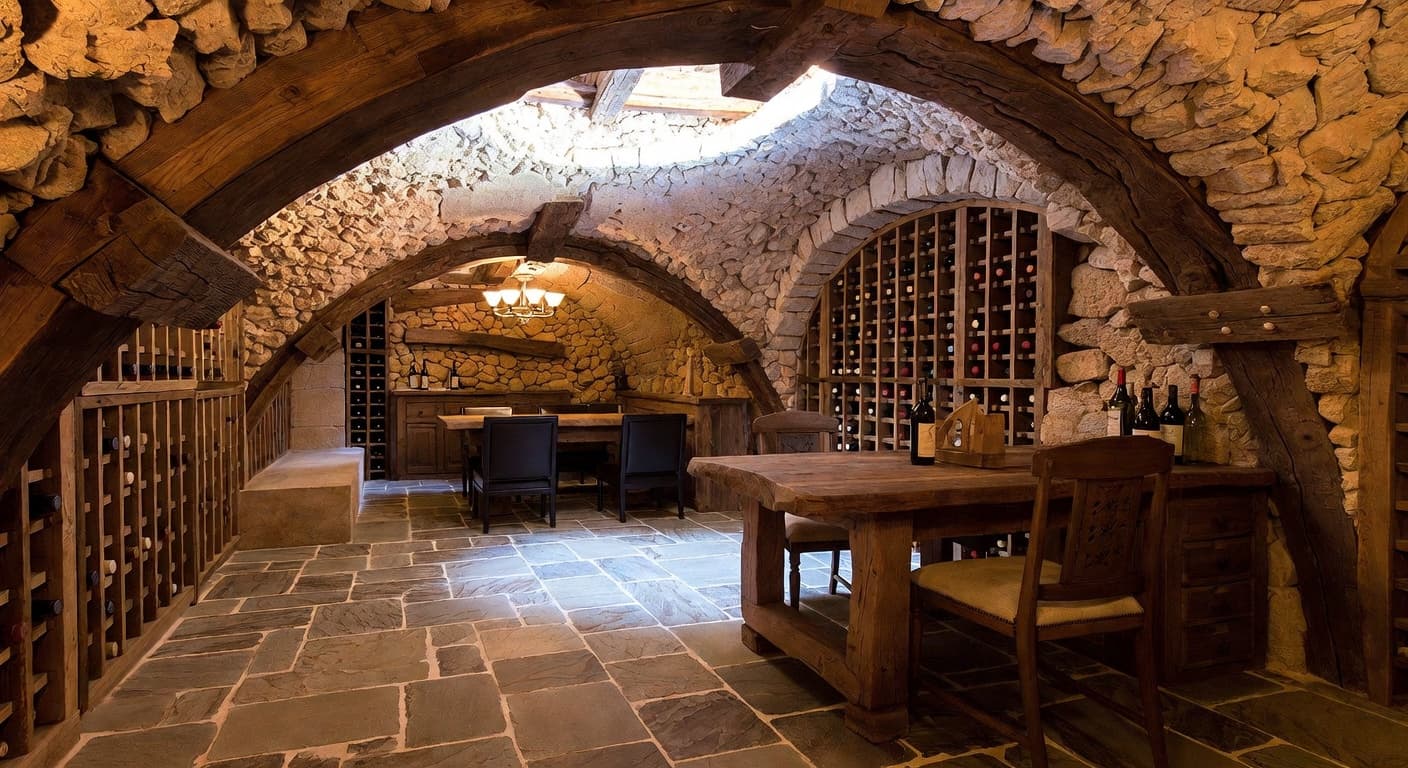 Organic Modern wine cellar interior design - featuring organic modern style furniture, decor, colors, and layout ideas for your wine cellar