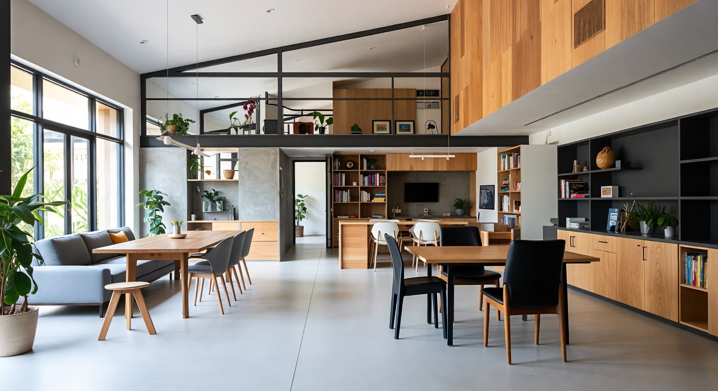 Organic Modern workshop interior design - featuring organic modern style furniture, decor, colors, and layout ideas for your workshop