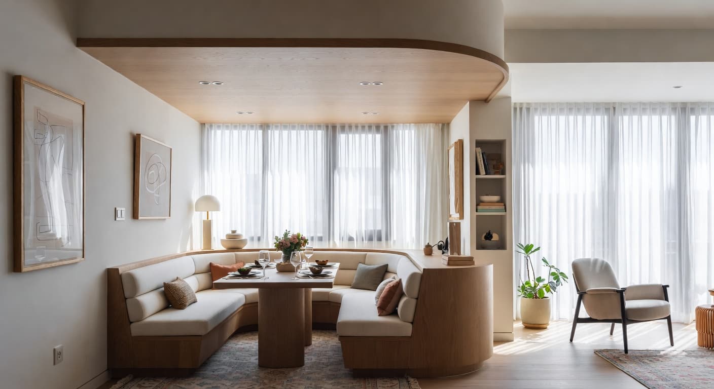 Parametric breakfast nook interior design - featuring parametric style furniture, decor, colors, and layout ideas for your breakfast nook