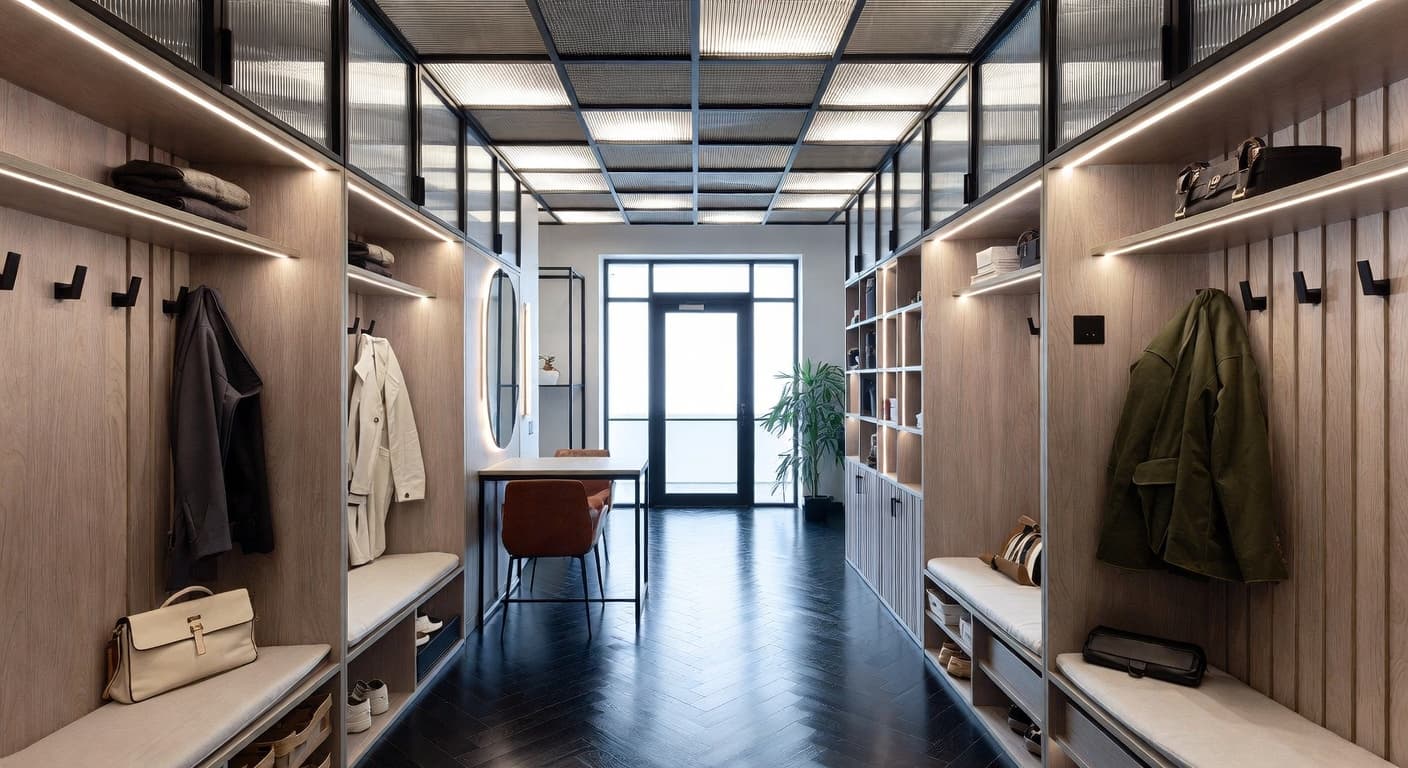 Parametric mudroom interior design - featuring parametric style furniture, decor, colors, and layout ideas for your mudroom