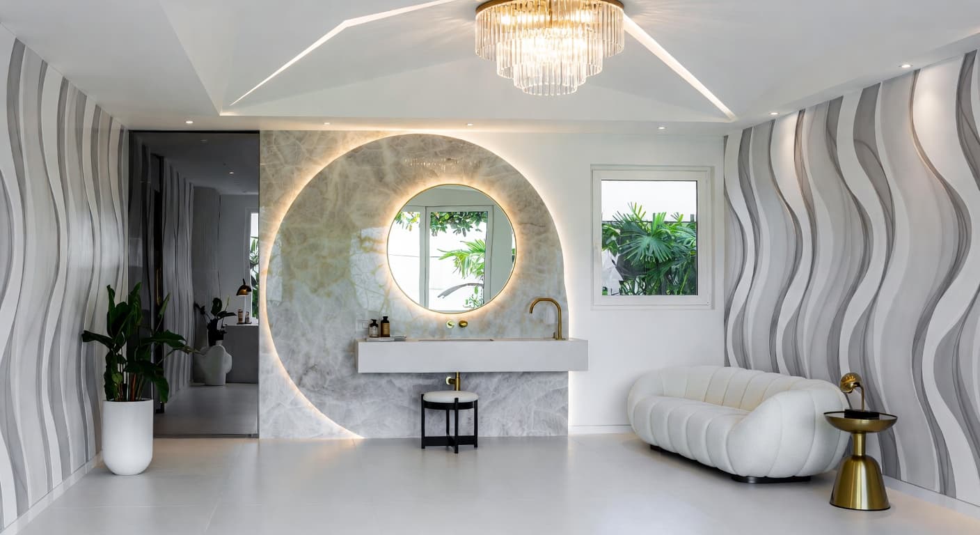 Parametric powder room interior design - featuring parametric style furniture, decor, colors, and layout ideas for your powder room