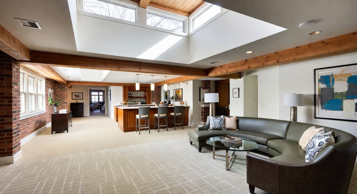 Postmodern basement interior design - featuring postmodern style furniture, decor, colors, and layout ideas for your basement