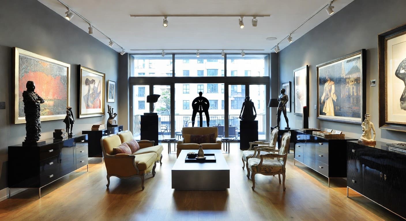 Postmodern gallery / art display interior design - featuring postmodern style furniture, decor, colors, and layout ideas for your gallery / art display