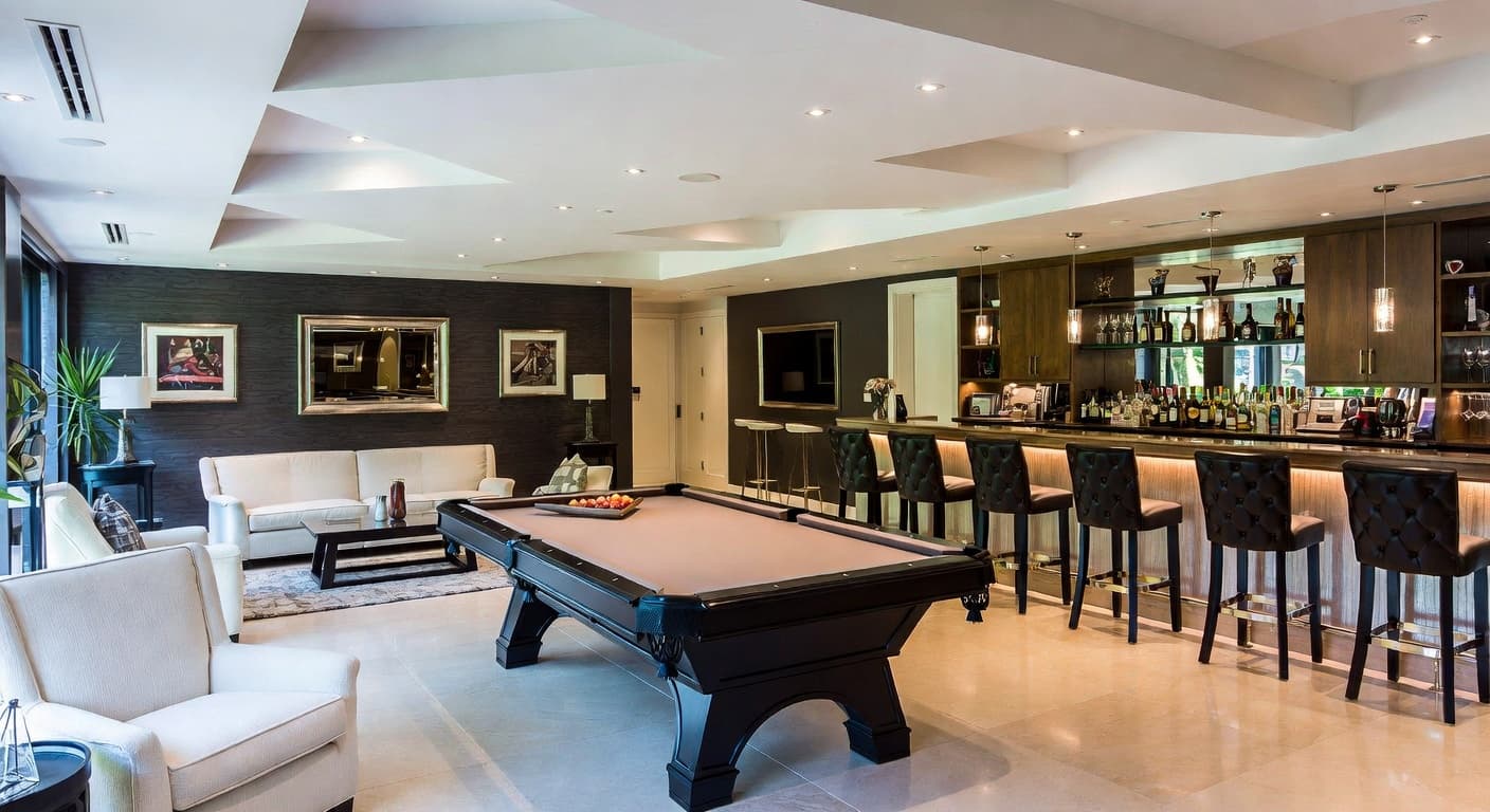 Postmodern game room interior design - featuring postmodern style furniture, decor, colors, and layout ideas for your game room