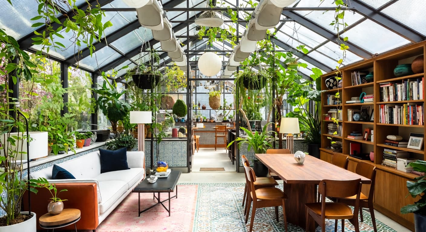 Postmodern greenhouse interior design - featuring postmodern style furniture, decor, colors, and layout ideas for your greenhouse