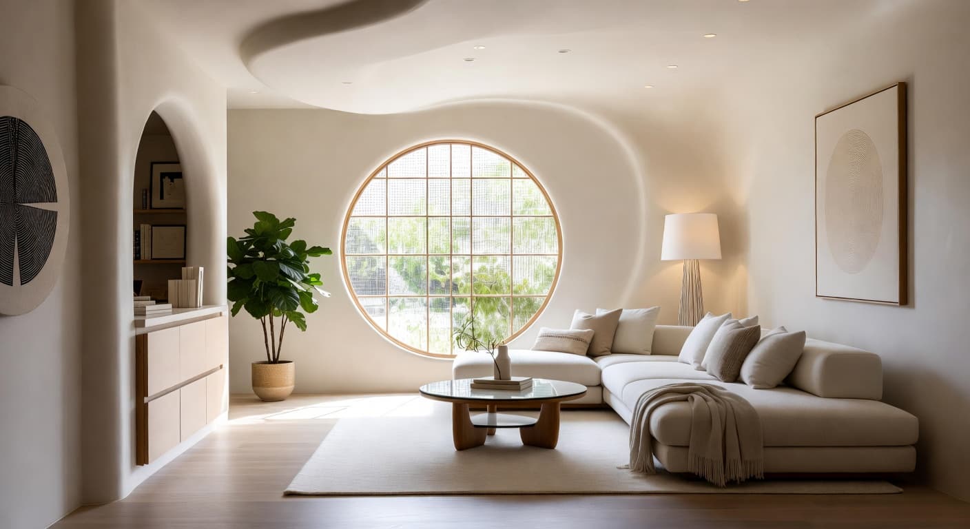 Postmodern meditation space interior design - featuring postmodern style furniture, decor, colors, and layout ideas for your meditation space