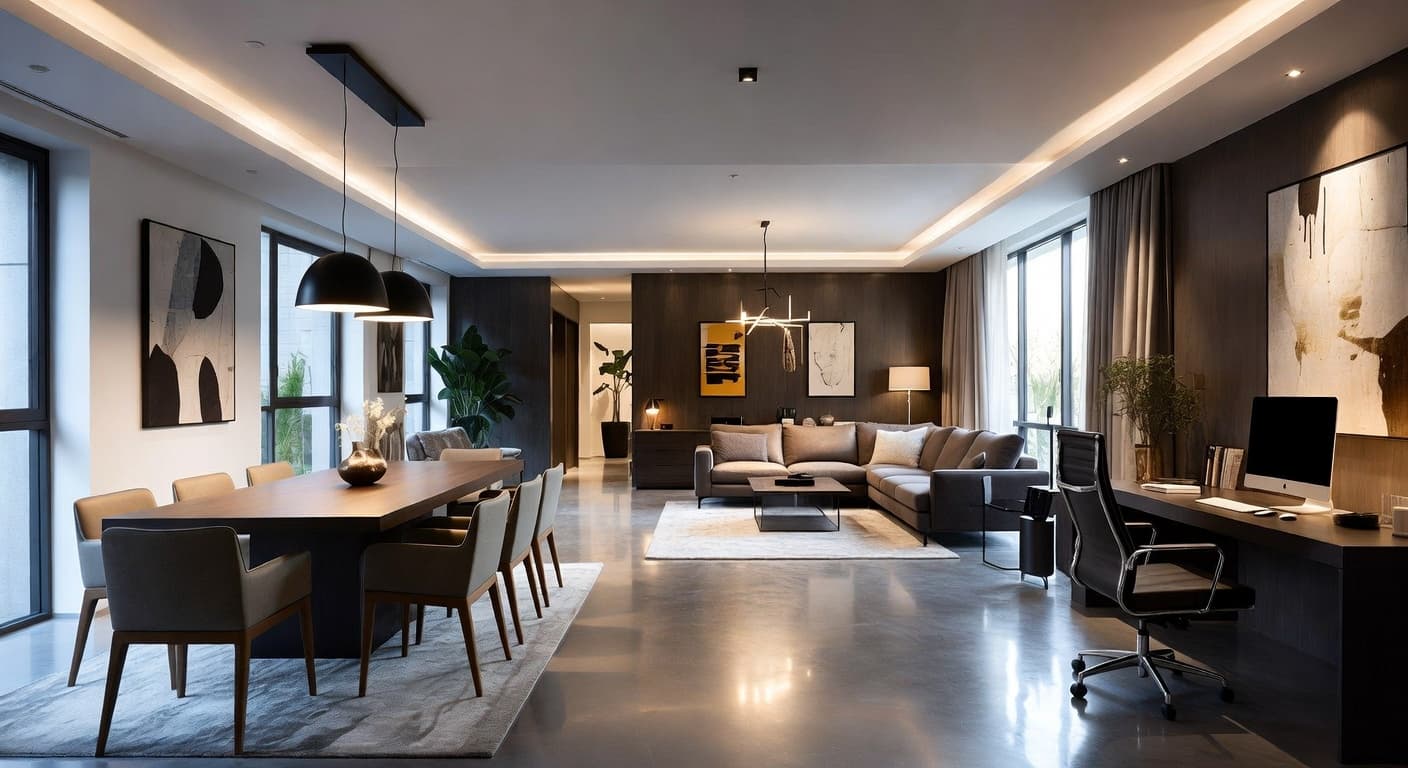 Postmodern multi-purpose room interior design - featuring postmodern style furniture, decor, colors, and layout ideas for your multi-purpose room