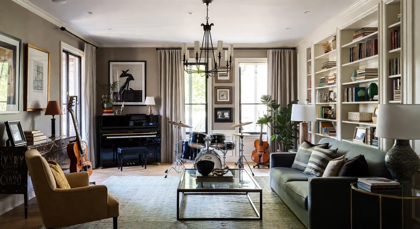 Postmodern music room interior design - featuring postmodern style furniture, decor, colors, and layout ideas for your music room