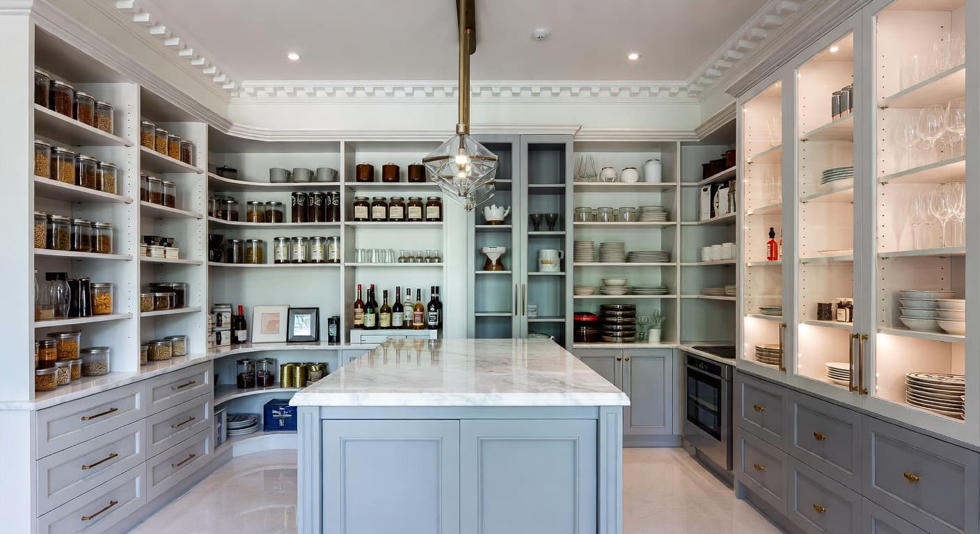 Postmodern pantry interior design - featuring postmodern style furniture, decor, colors, and layout ideas for your pantry