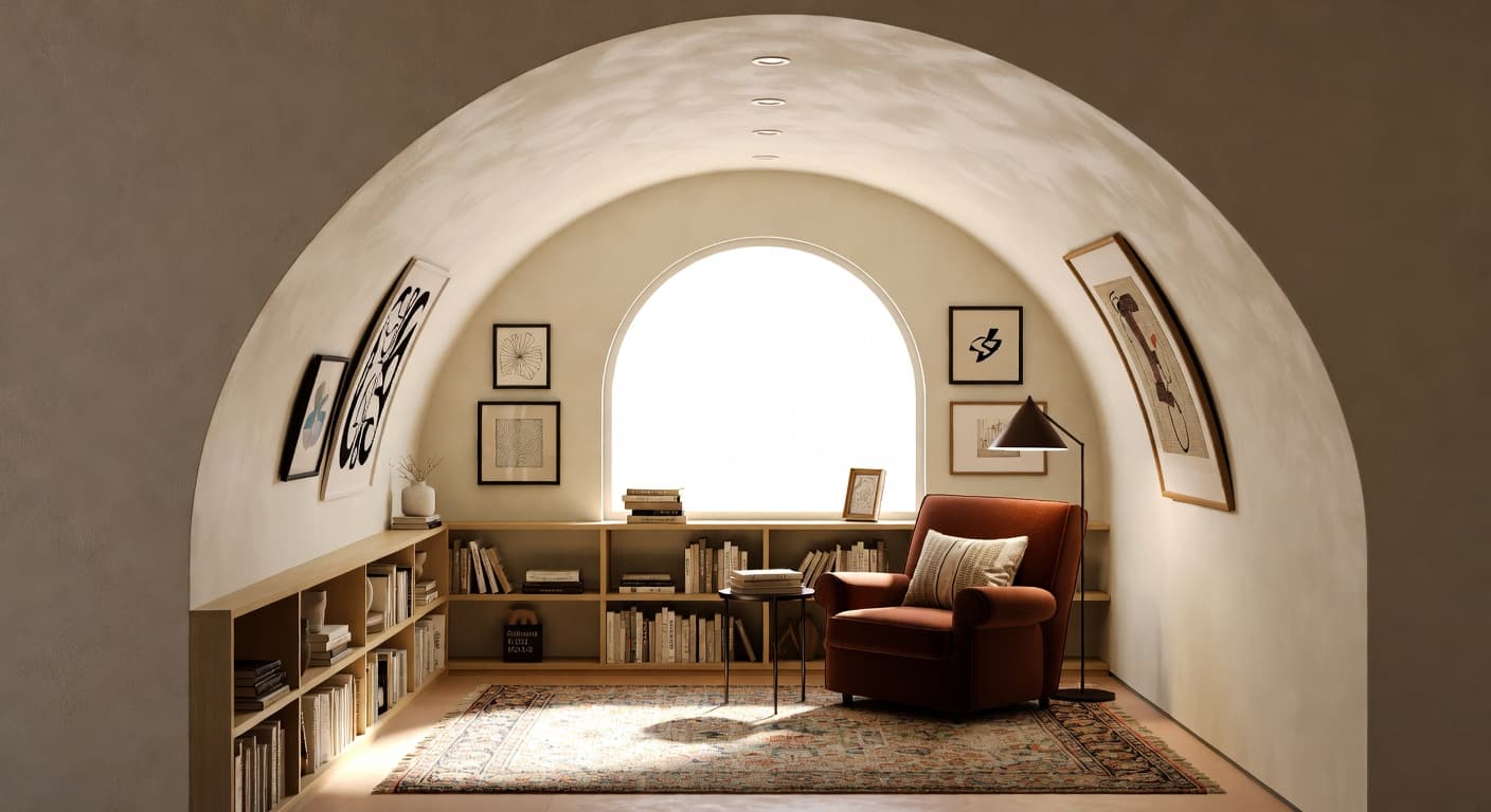 Postmodern reading nook interior design - featuring postmodern style furniture, decor, colors, and layout ideas for your reading nook