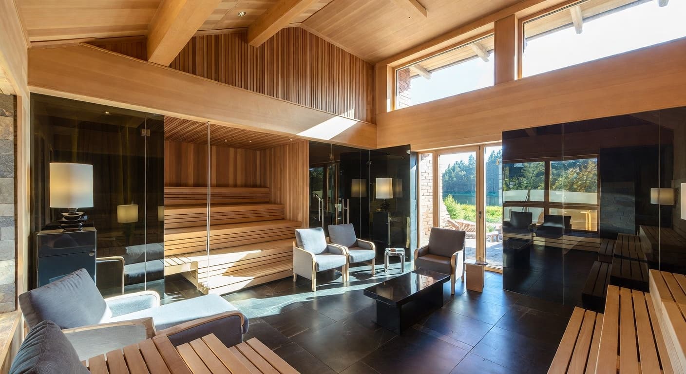 Postmodern sauna / spa room interior design - featuring postmodern style furniture, decor, colors, and layout ideas for your sauna / spa room