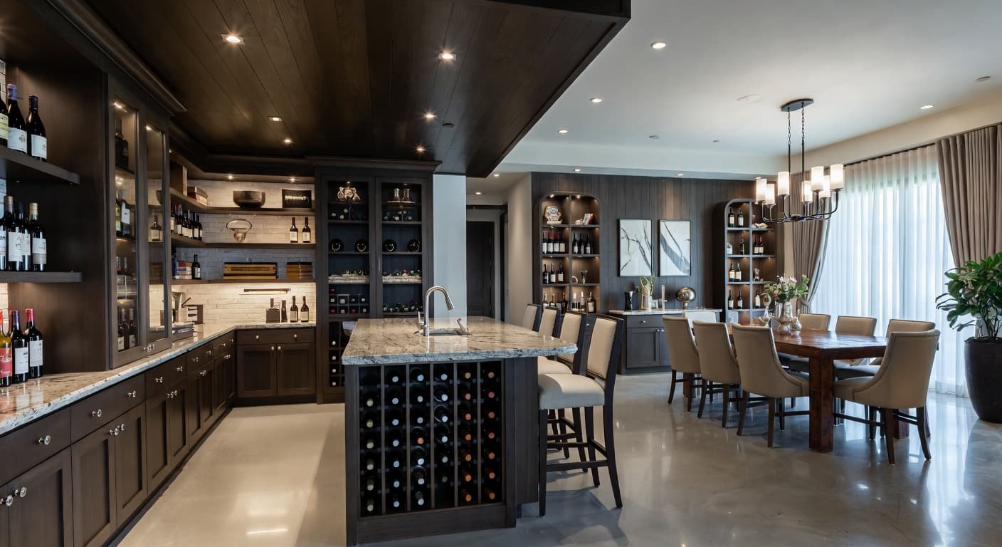 Postmodern wine cellar interior design - featuring postmodern style furniture, decor, colors, and layout ideas for your wine cellar