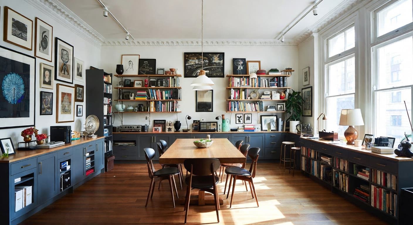 Postmodern workshop interior design - featuring postmodern style furniture, decor, colors, and layout ideas for your workshop