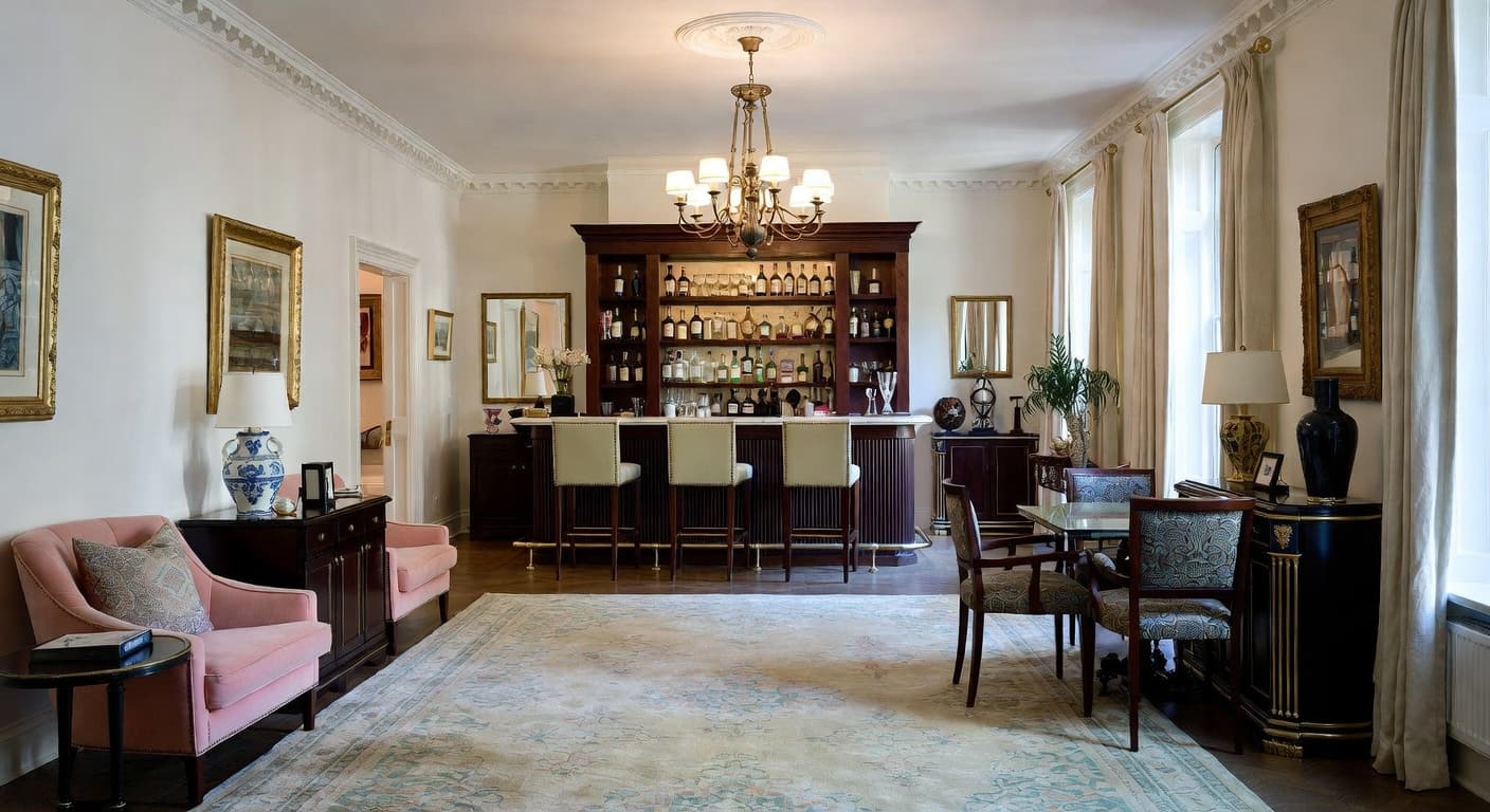 Regency bar room interior design - featuring regency style furniture, decor, colors, and layout ideas for your bar room