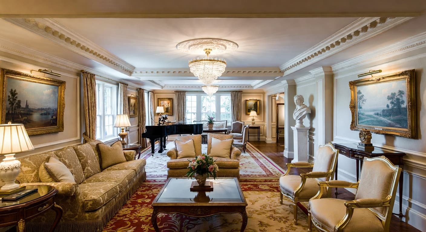 Regency basement interior design - featuring regency style furniture, decor, colors, and layout ideas for your basement