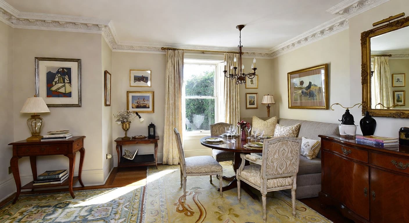 Regency breakfast nook interior design - featuring regency style furniture, decor, colors, and layout ideas for your breakfast nook