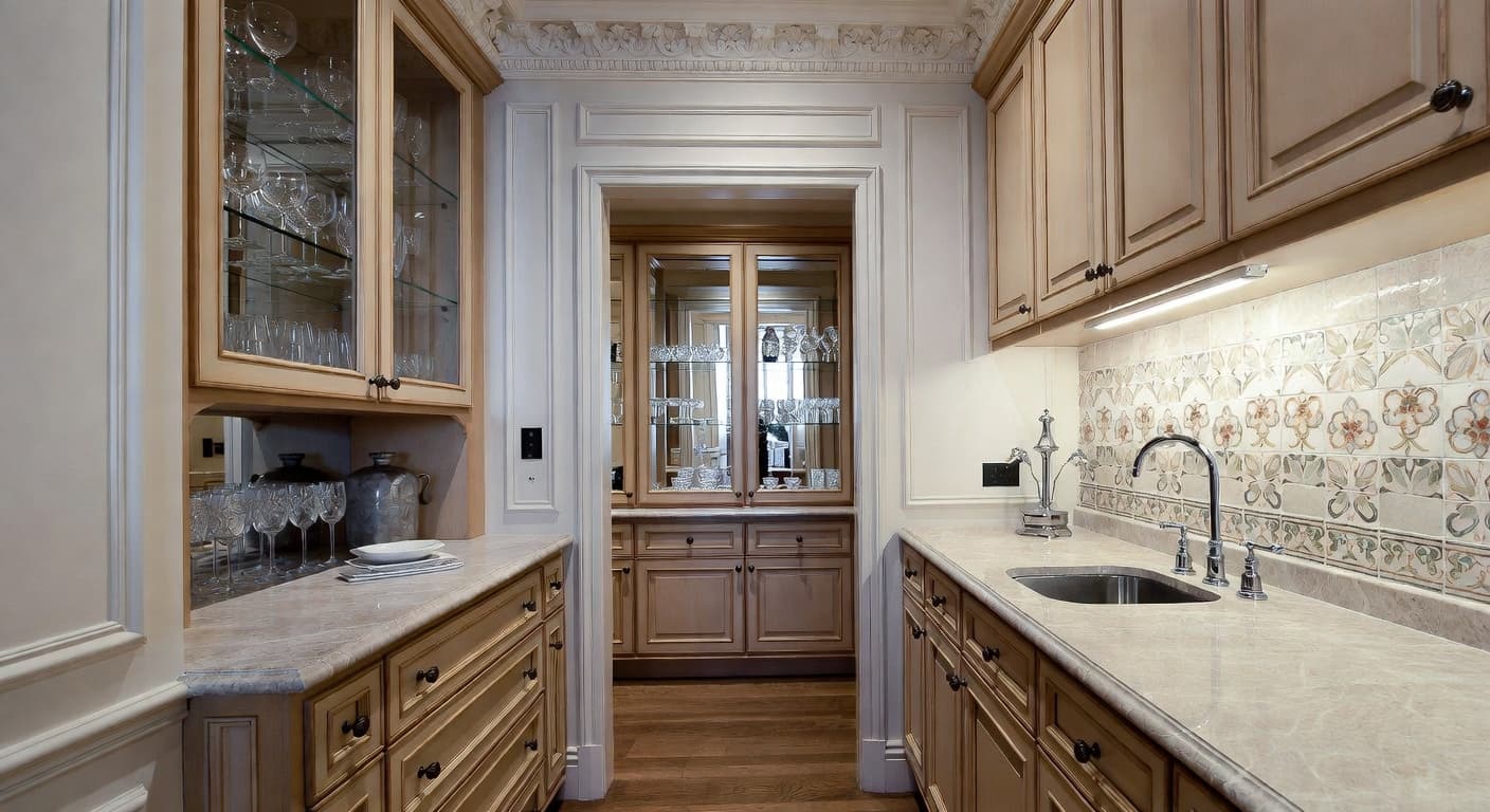 Regency butler's pantry interior design - featuring regency style furniture, decor, colors, and layout ideas for your butler's pantry