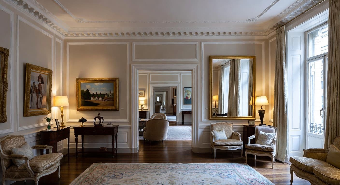 Regency gallery / art display interior design - featuring regency style furniture, decor, colors, and layout ideas for your gallery / art display