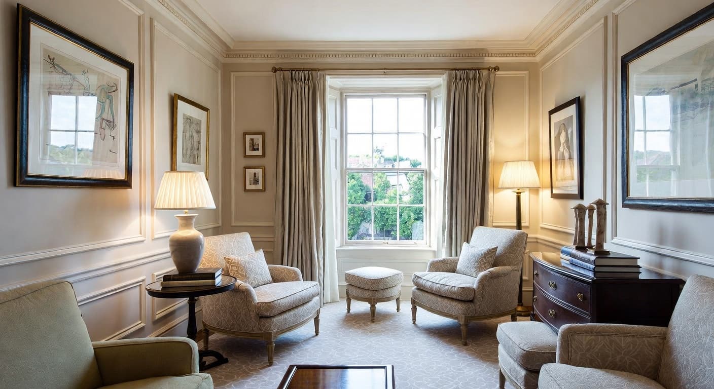 Regency reading nook interior design - featuring regency style furniture, decor, colors, and layout ideas for your reading nook