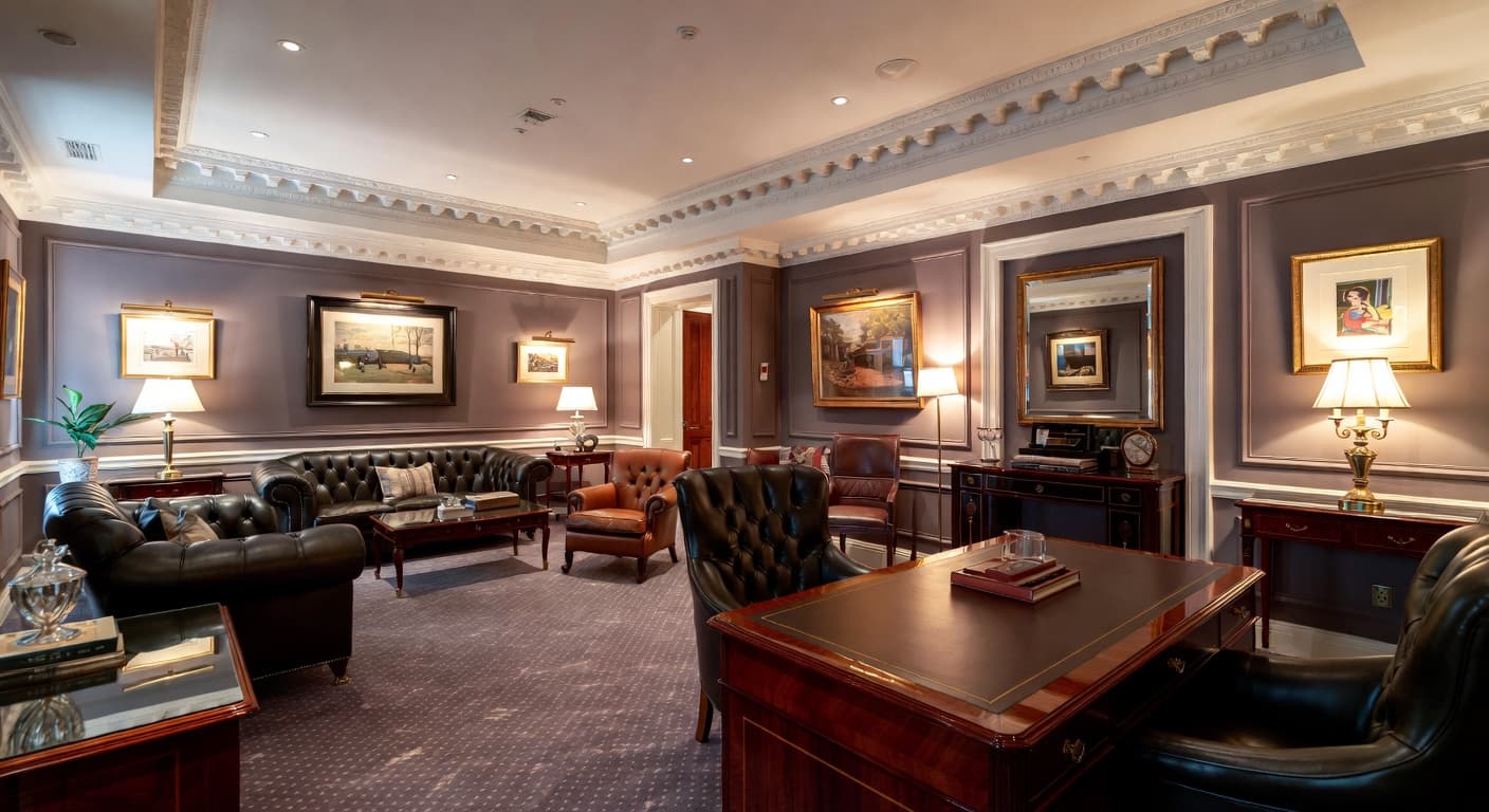 Regency smoking room / cigar lounge interior design - featuring regency style furniture, decor, colors, and layout ideas for your smoking room / cigar lounge